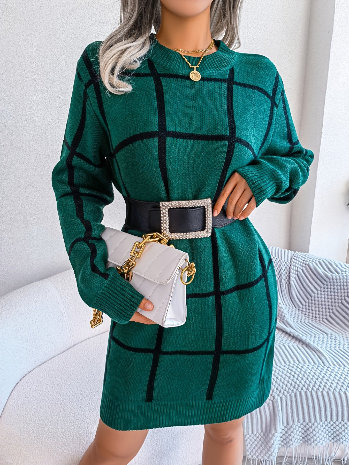 2025 gbolsos  Color Block Plaid Round Neck Long Sleeve Sweater Dress, Bag Hip Casual Bodycon Loose Dress, Women's Clothing