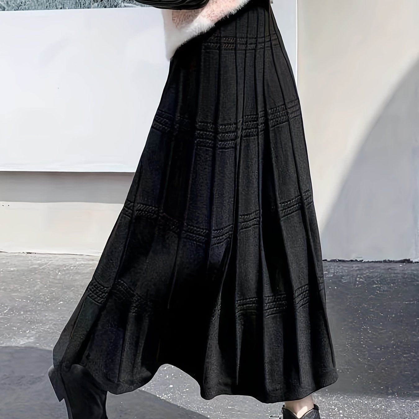 gbolsos  Solid Color Knit Tucked Skirt, Casual Ankle Length Skirt For Fall & Winter, Women's Clothing