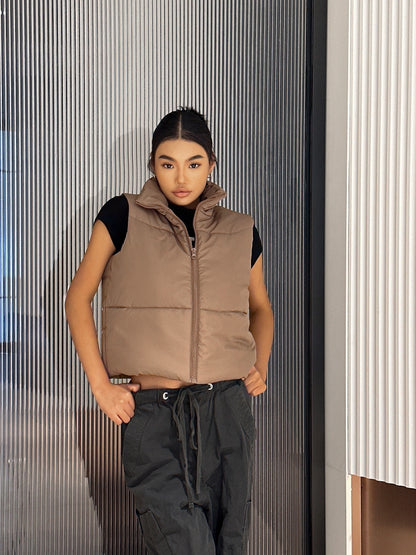gbolsos  Zip Up High Neck Vest, Casual Sleeveless Solid Warm Outerwear, Women's Clothing