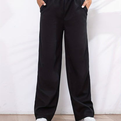 Solid Elastic Waist Straight Leg Pants, Casual Loose Drape Pocket Pants, Women's Clothing