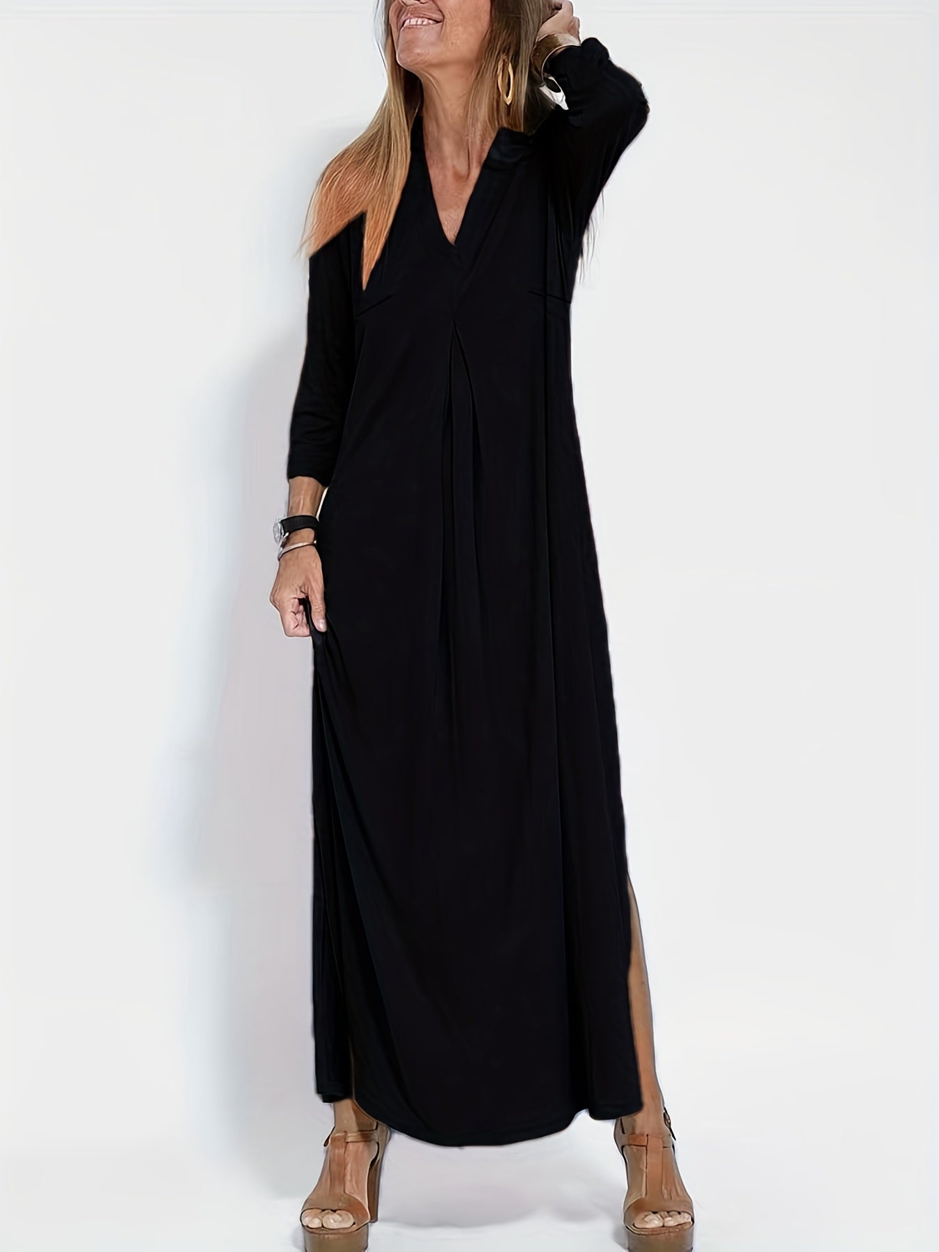 gbolsos  Plus Size Casual Dress, Women's Plus Solid Long Sleeve V Neck Split Hem Maxi Dress