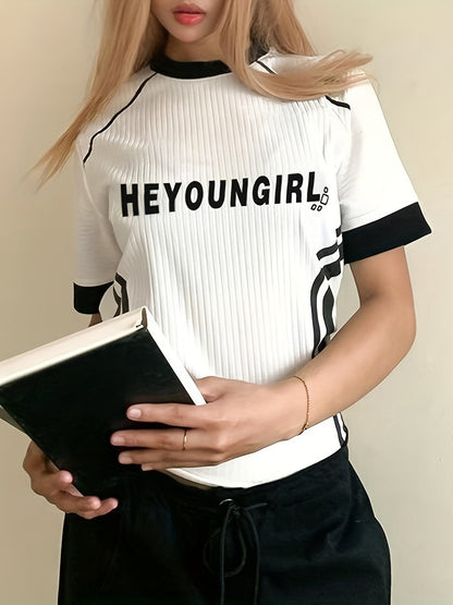 gbolsos  Street Letter Printing Casual T-shirt, Fashion Contrast Color Striped Short Sleeves, Women's Summer Tops