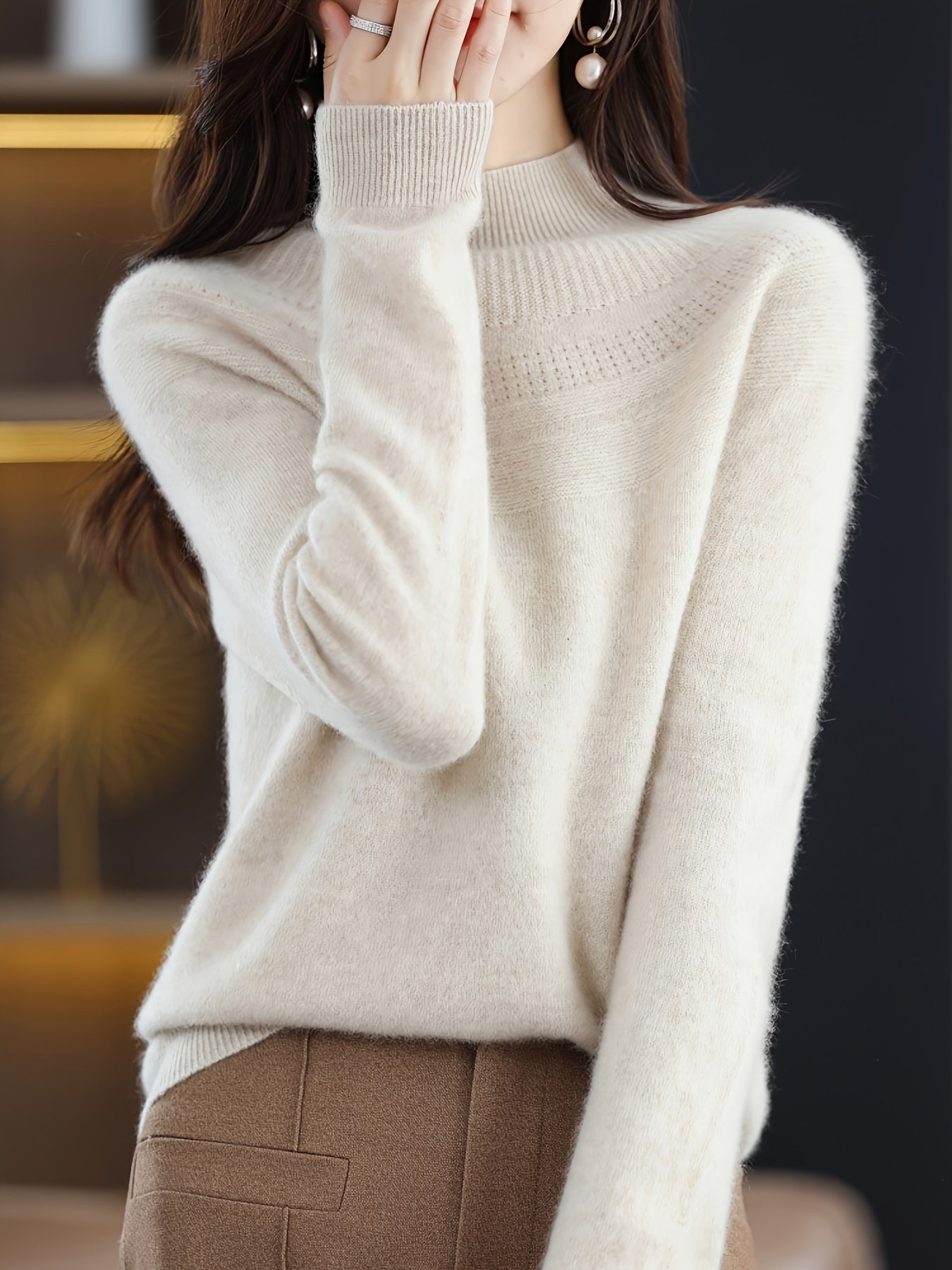 gbolsos  Solid Mock Neck Simple Sweater, Versatile Long Sleeve Knitted Top For Fall & Winter , Women's Clothing