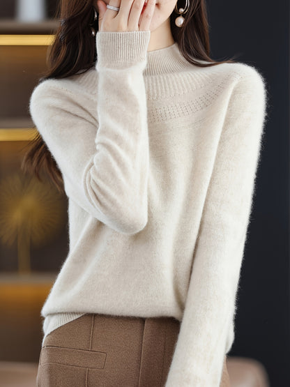 gbolsos  Solid Mock Neck Simple Sweater, Versatile Long Sleeve Knitted Top For Fall & Winter , Women's Clothing