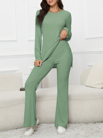 gbolsos  Solid Textured Two-piece Set, Long Sleeve Slit Long Length Top & Skinny Pants Outfits, Women's Clothing