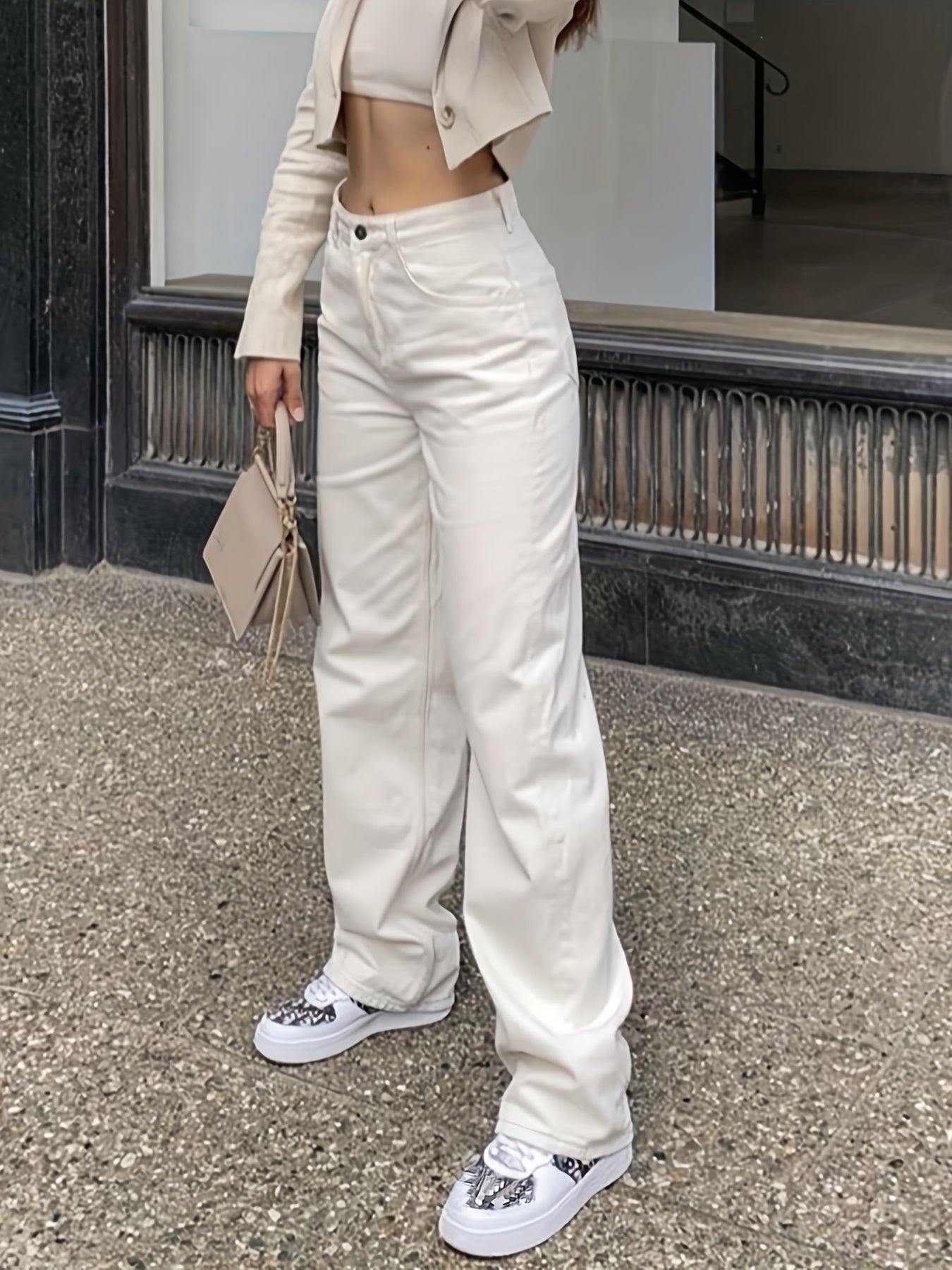 gbolsos  Mid Rise Baggy Loose Fit Straight Lets Long Plicated Hem Solid Color Y2k Trousers Boyfriend Jeans, Women's Denim Jeans, Women's Clothing