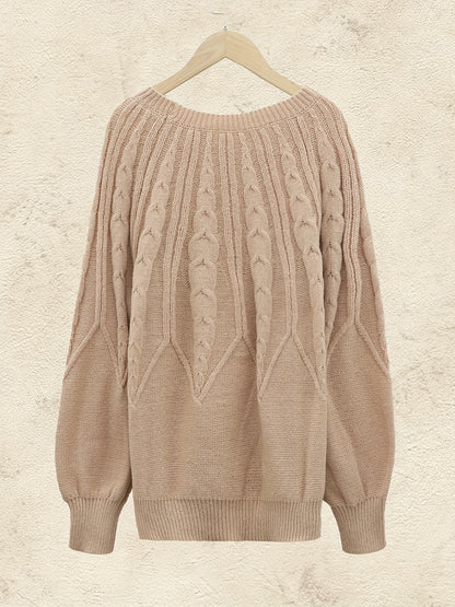 gbolsos  Plus Size Casual Sweater, Women's Plus Cable Knitted Lantern Sleeve Crew Neck Medium Stretch Pullover Jumper
