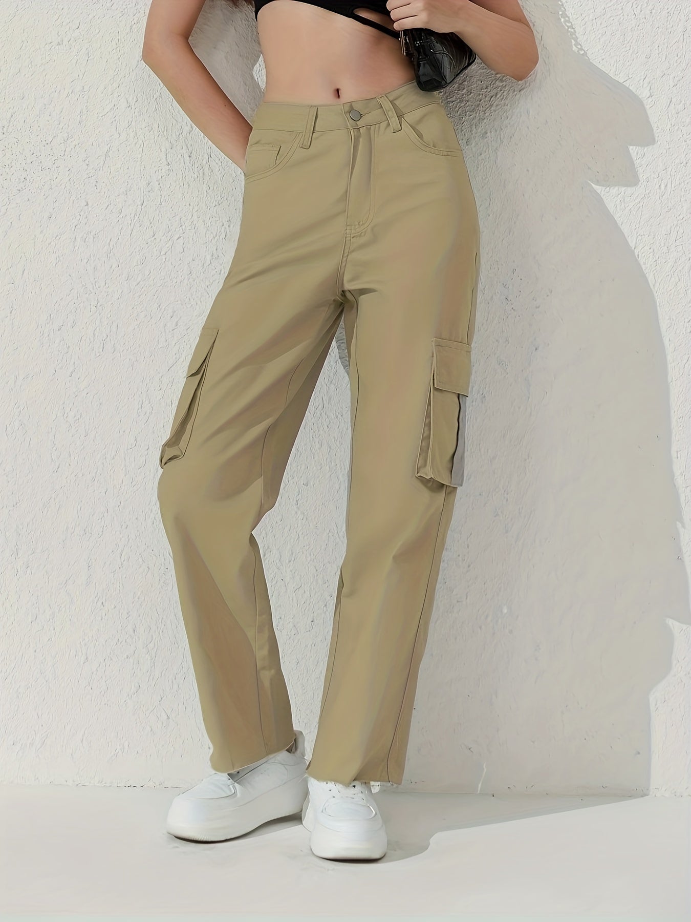 gbolsos  Plain Flap Pockets Cargo Pants, Loose Fit Non-Stretch Y2K & Kpop Style Straight Jeans, Women's Denim Jeans & Clothing