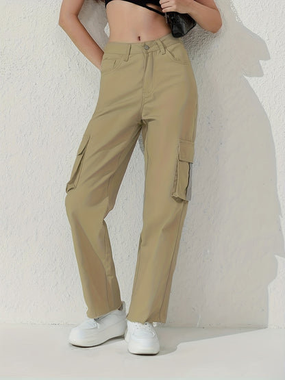 gbolsos  Plain Flap Pockets Cargo Pants, Loose Fit Non-Stretch Y2K & Kpop Style Straight Jeans, Women's Denim Jeans & Clothing