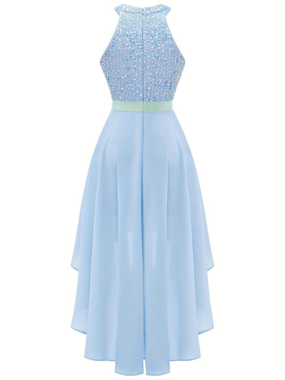 gbolsos  Contrast Sequin Dipped Hem Dress, Elegant Sleeveless Solid Party Dress, Women's Clothing