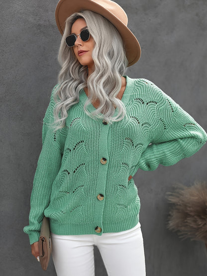 2025 gbolsos  Hollow Out Button Down Knit Cardigan, Casual V-Neck Long Sleeve Fall Winter Sweater Coat, Women's Clothing