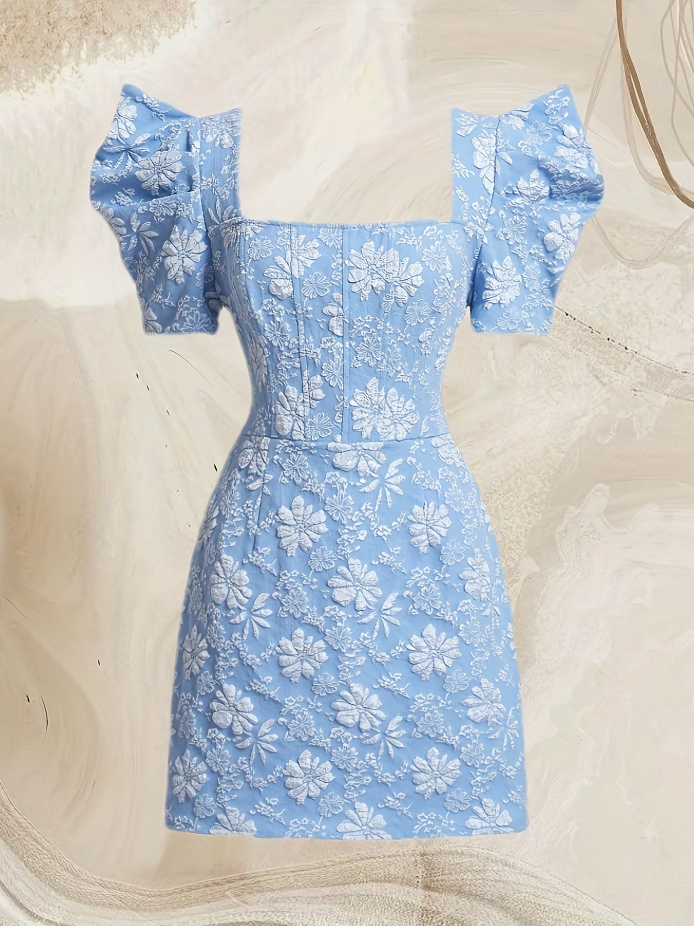 Solid Color Puff Sleeve Dress, Elegant Square Neck Dress For Spring & Summer, Women's Clothing