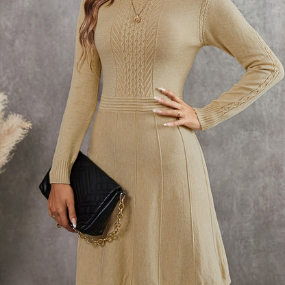 Textured Tucked Knitted Dress, Casual Crew Neck Long Sleeve Dress For Fall & Winter, Women's Clothing