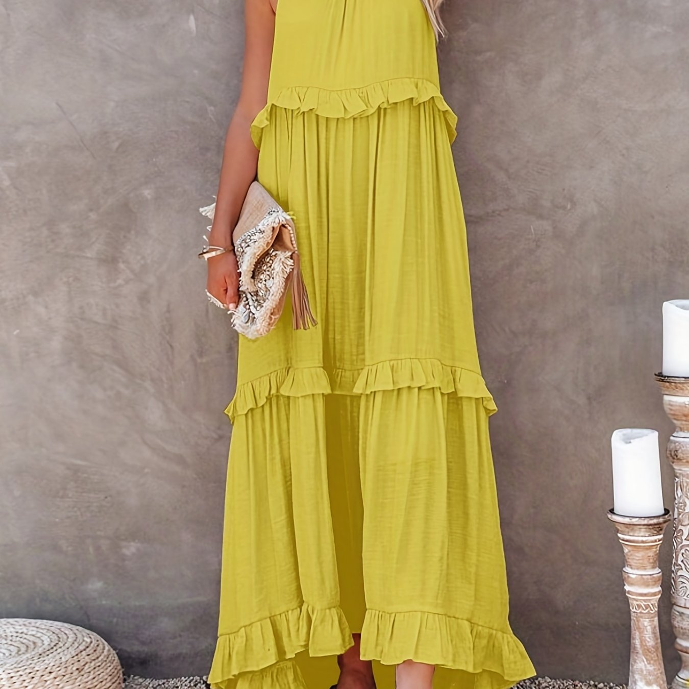 gbolsos  Tiered Ankle Tank Dress, Casual Backless Halter Neck Dress For Summer, Women's Clothing