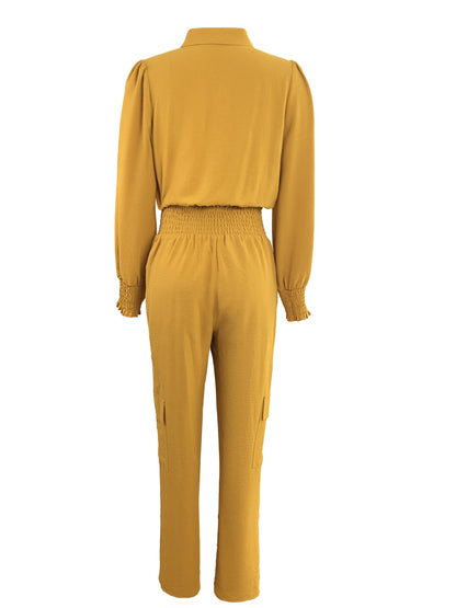 gbolsos  Solid Casual Two-piece Set, Button Front Long Sleeve Tops & High Waist Pants Outfits, Women's Clothing