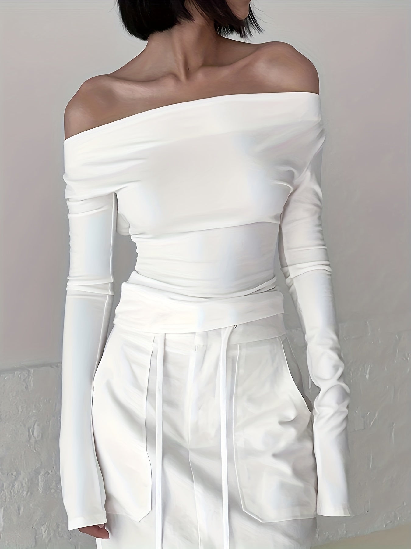 Solid Cowl Neck Tie Back T-Shirt, Casual Long Sleeve Top For Spring & Fall, Women's Clothing