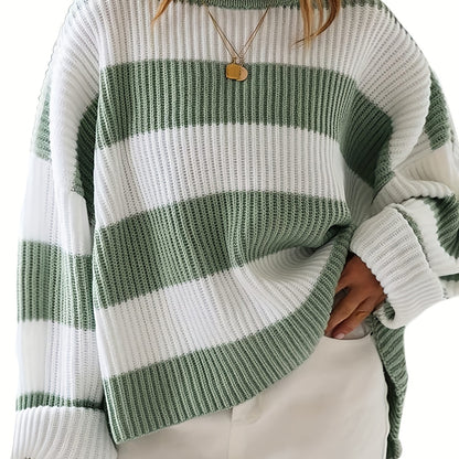 gbolsos   Plus Size Casual Sweater, Women's Plus Colorblock Eyelet Embroidered Long Sleeve Round Neck Pullover Sweater