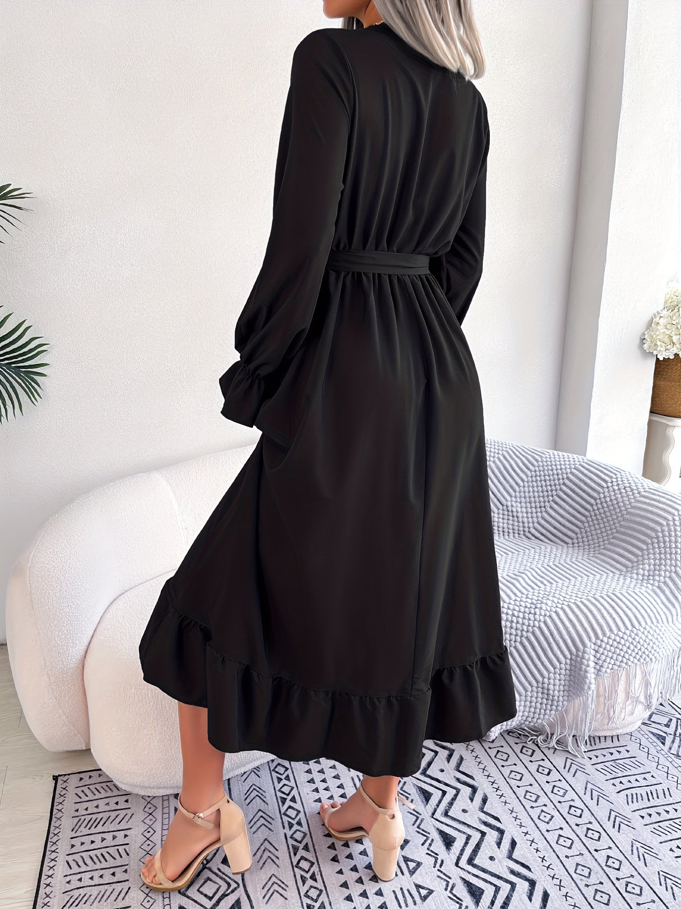 2025 gbolsos  Long Sleeve Tie Waist Dress, Lace Trim Ruffle Hem V Neck Dress, Casual Dress For Fall & Spring, Women's Clothing