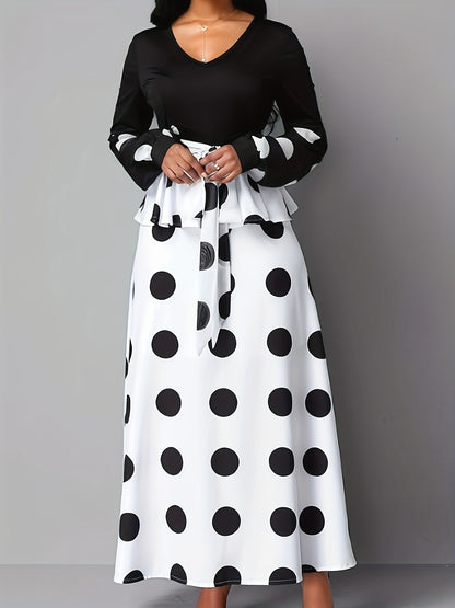 gbolsos  Color Block Polka Dot V Neck Long Sleeve Dress, Elegant High Tie Waist Flared Maxi Dress, Women's Clothing