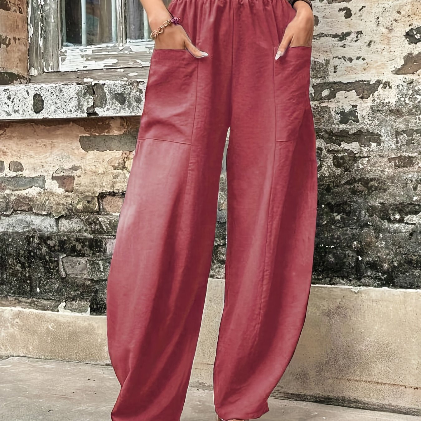 gbolsos  Boho Solid Elastic Waist Harem Pants, Casual Long Length Baggy Pants With Pockets For Spring & Summer, Women's Clothing