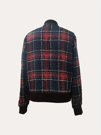 gbolsos  Plaid Pattern Bomber Jacket, Casual Zip Up Long Sleeve Outerwear, Women's Clothing