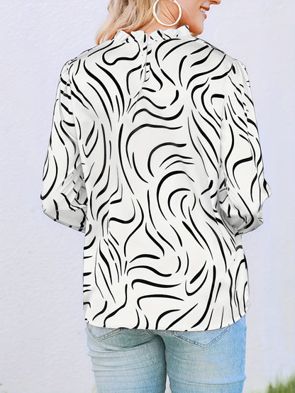 gbolsos  Abstract Ripple Print Stand Collar Blouse, Casual Long Sleeve Blouse, Women's Clothing