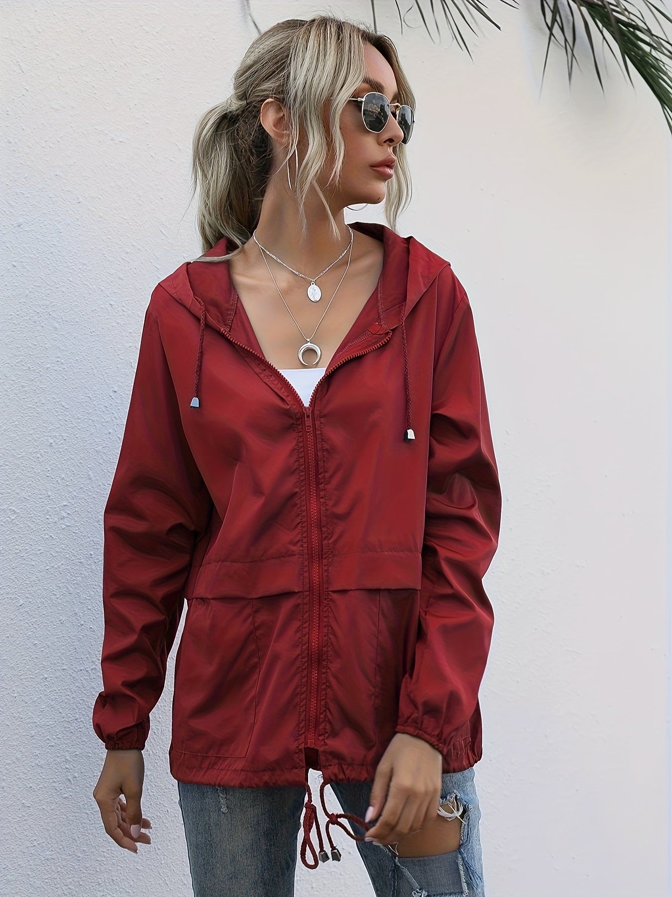 gbolsos  Zip Up Drawstring Raincoat, Casual Solid Hooded Long Sleeve Outerwear, Women's Clothing