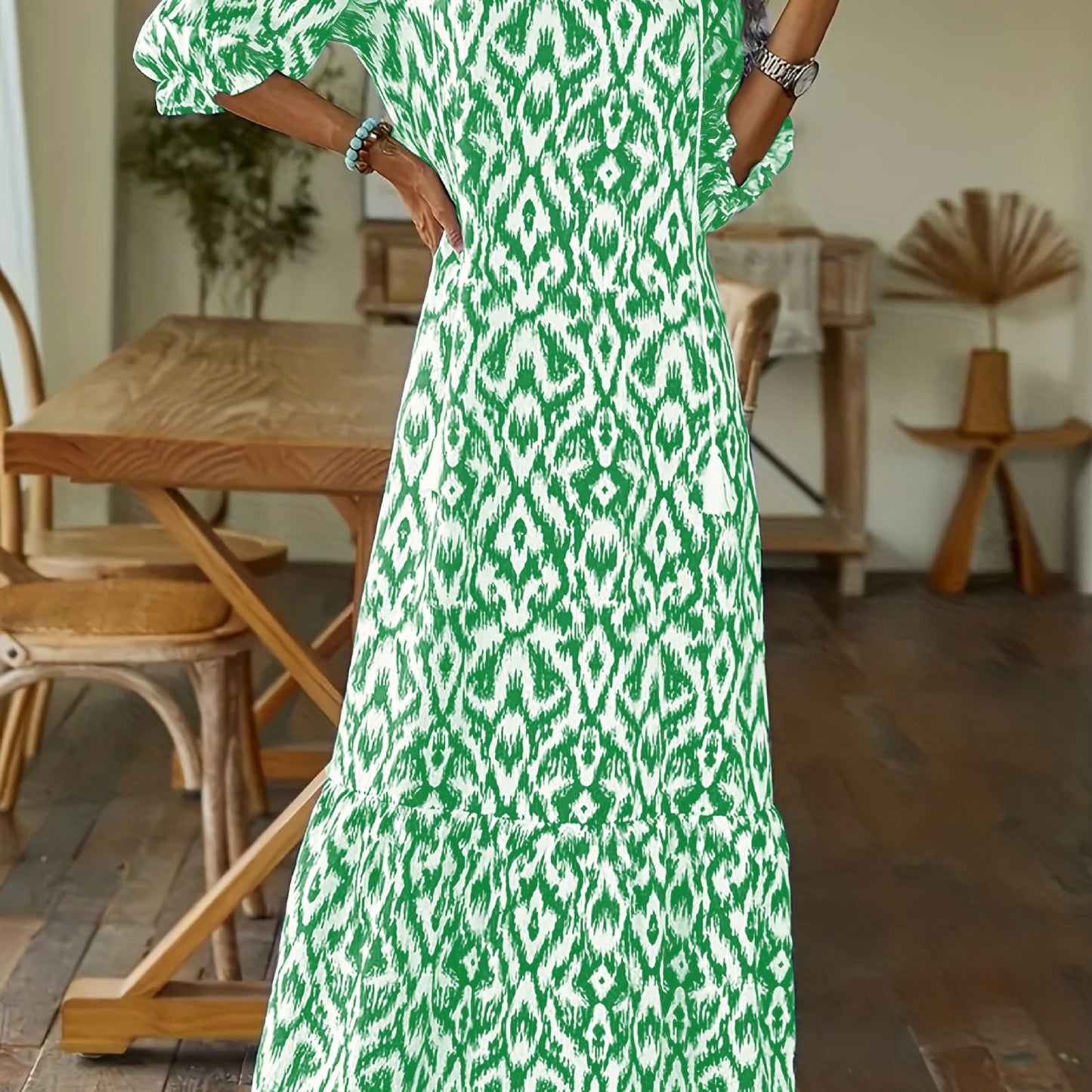 Allover Print Tassel V-Neck Dress, Boho Half Sleeve Dress, Women's Clothing