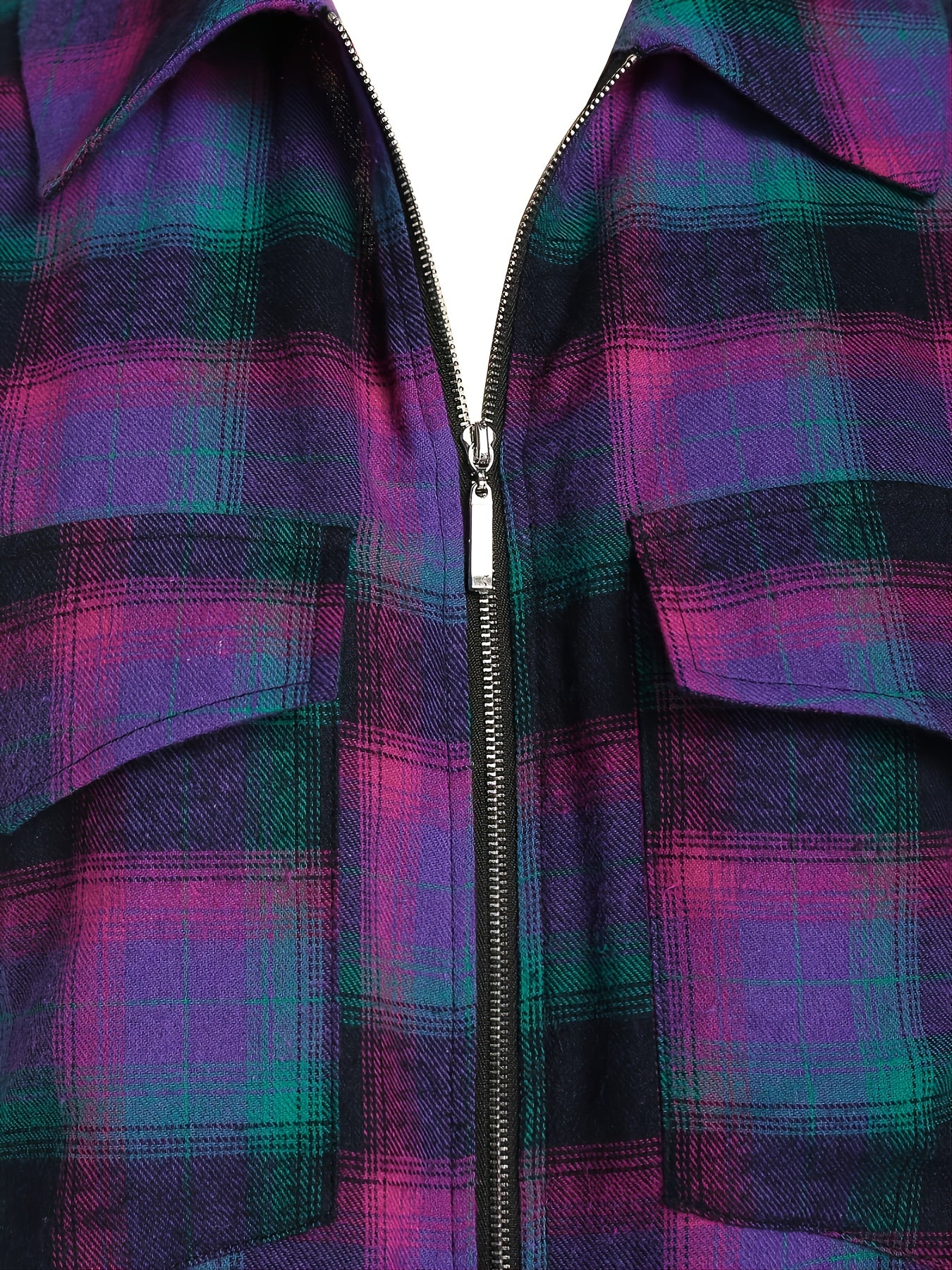 gbolsos  Plus Size Zip Up Plaid Pattern Long Sleeve Longline Shirt, Women's Plus Lapel Collar Casual Longline Blouse