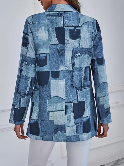 gbolsos  Patchwork Print Button Front Blazer, Elegant Lapel Long Sleeve Blazer For Office & Work, Women's Clothing