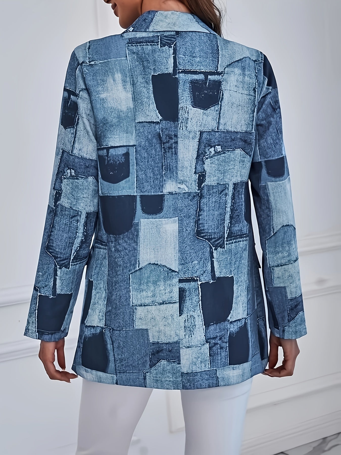 gbolsos  Patchwork Print Button Front Blazer, Elegant Lapel Long Sleeve Blazer For Office & Work, Women's Clothing