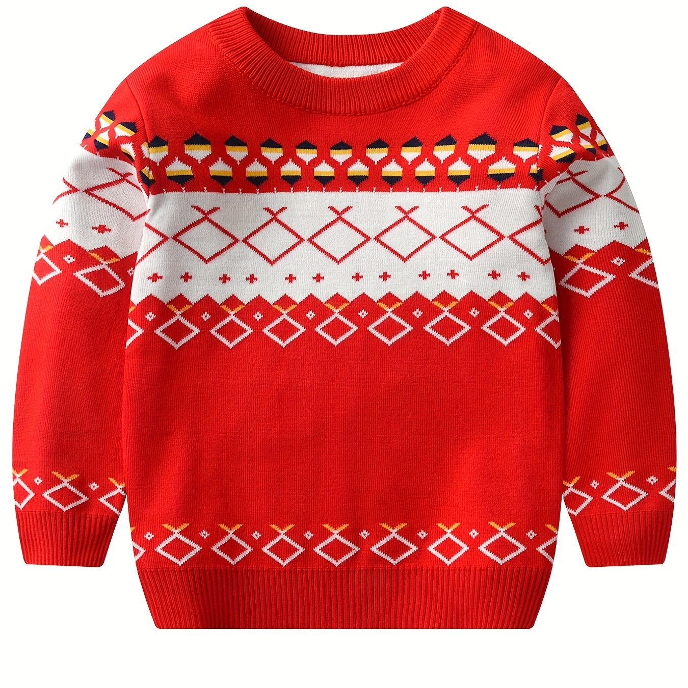 Boys Stylish Geometric Sweater Round Neck Long Sleeve Stretch Warm Knit Pullover Top Kids Clothes Outdoor