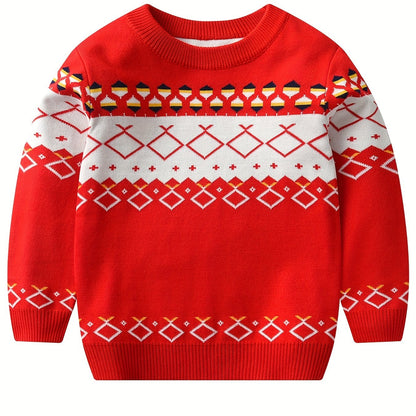 Boys Stylish Geometric Sweater Round Neck Long Sleeve Stretch Warm Knit Pullover Top Kids Clothes Outdoor