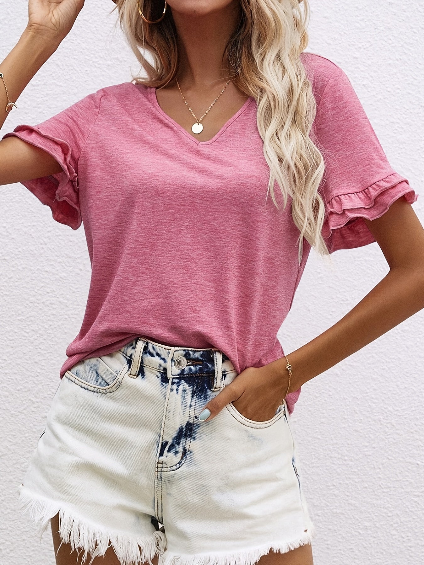 2025 gbolsos  Ruffle Hem V Neck T-Shirt, Casual Short Sleeve T-Shirt For Spring & Summer, Women's Clothing