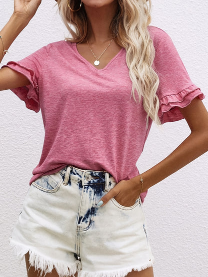2025 gbolsos  Ruffle Hem V Neck T-Shirt, Casual Short Sleeve T-Shirt For Spring & Summer, Women's Clothing