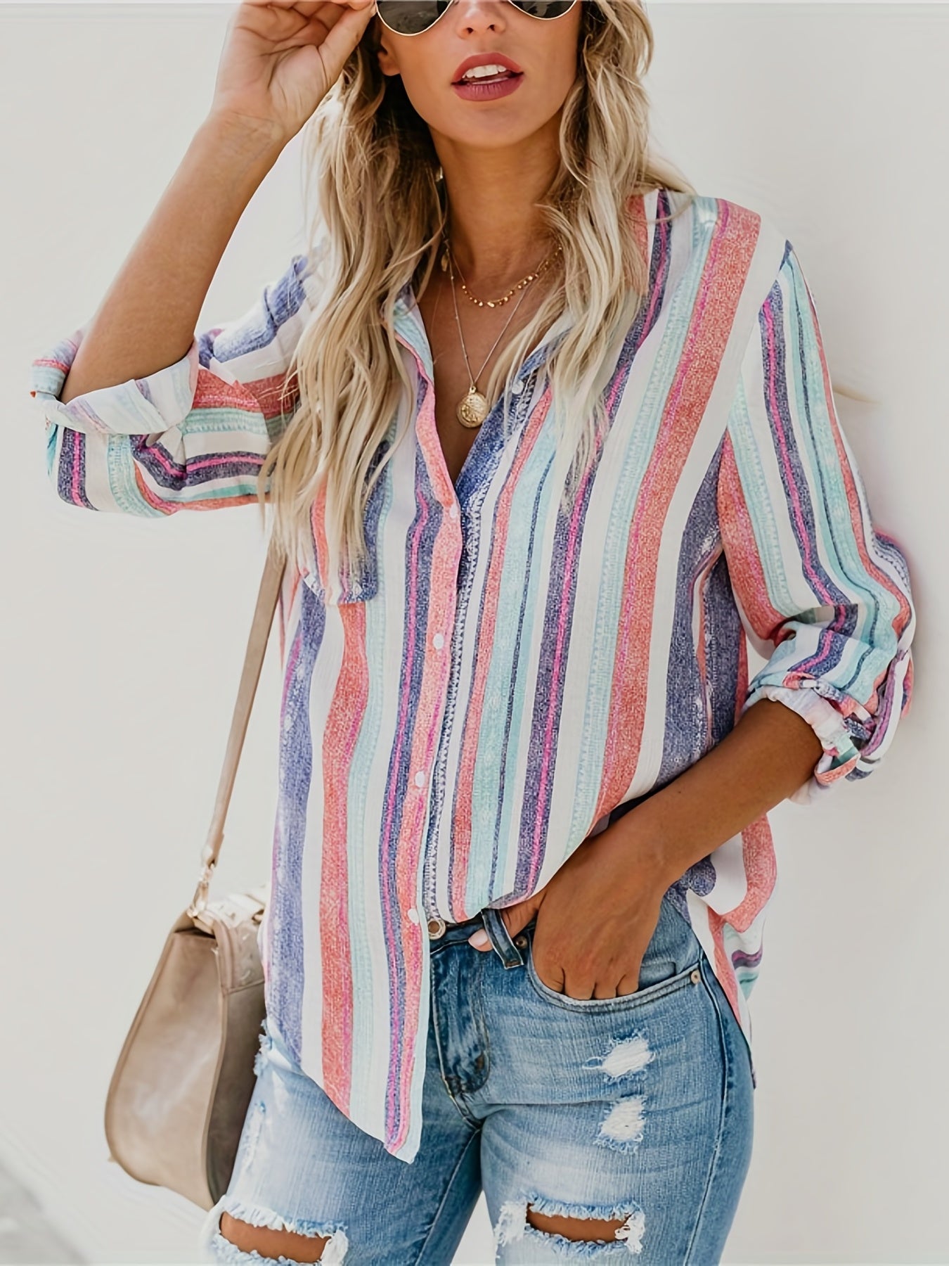 gbolsos  Casual Striped Shirt, Button Up Top For Spring & Fall, Women's Clothing
