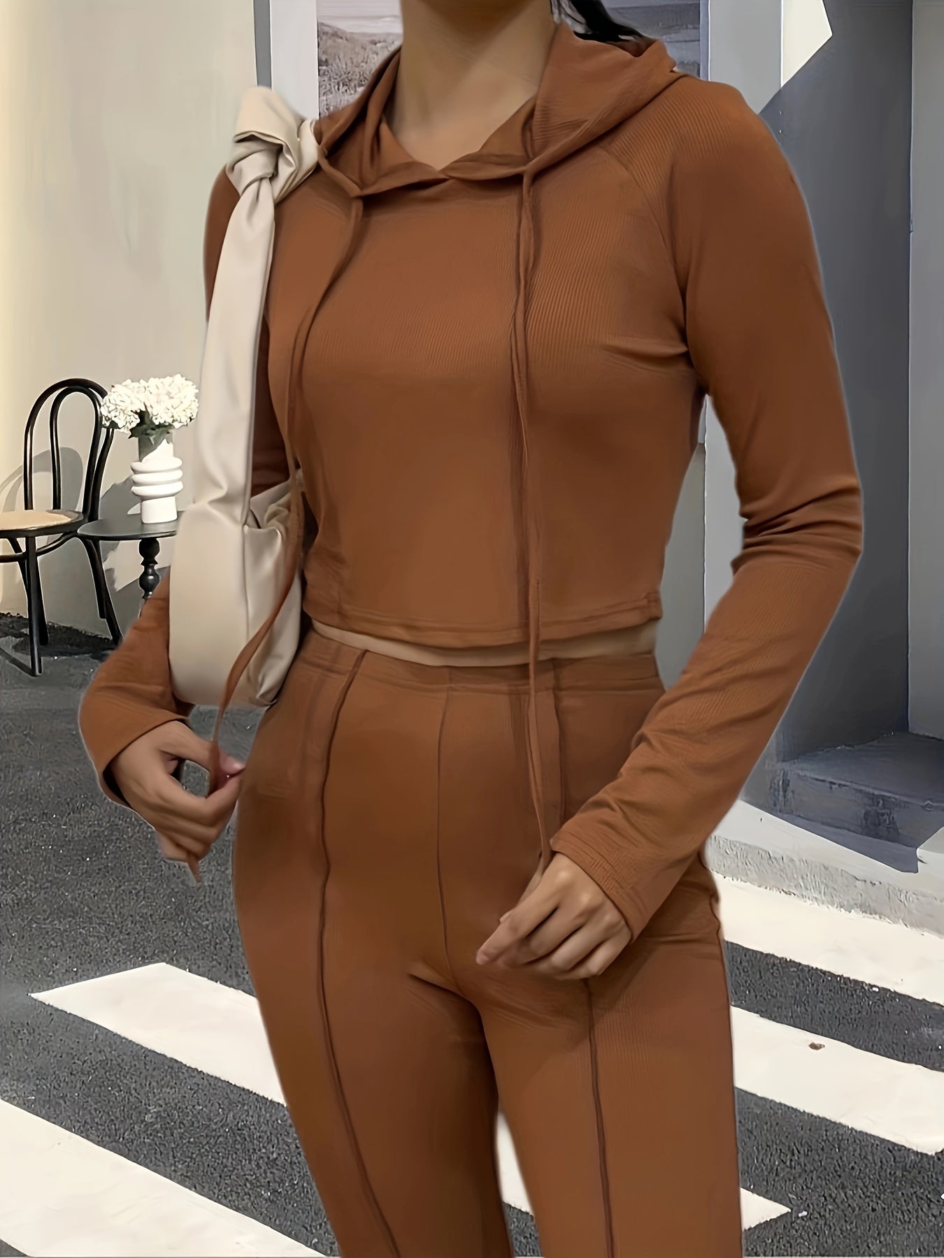 gbolsos  Solid Drawstring Hooded T-Shirt, Casual Long Sleeve Top For Spring & Fall, Women's Clothing