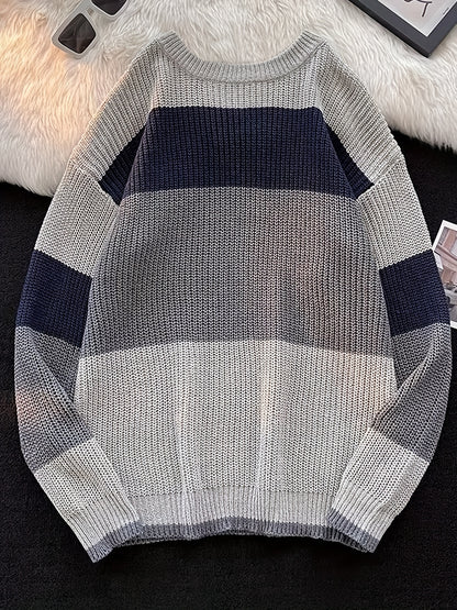 gbolsos Color Block Crew Neck Pullover Sweater, Vintage Long Sleeve Oversized Slouchy Sweater, Women's Clothing