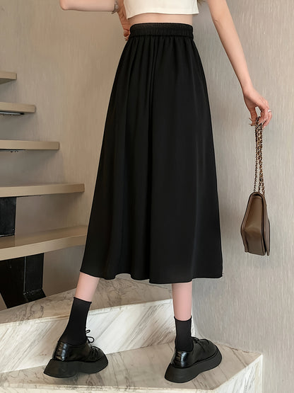 gbolsos  Solid High Waist Skirt, Elegant Pleated Midi Draped Skirt, Women's Clothing
