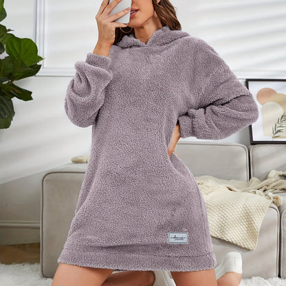 Hooded Teddy Dress, Casual Long Sleeve Simple Warm Dress, Women's Clothing