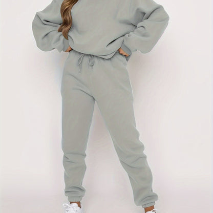 gbolsos  Solid Casual Two-piece Set, Crew Neck Long Sleeve Tops & Drawstring Jogger Pants Oufits, Women's Clothing