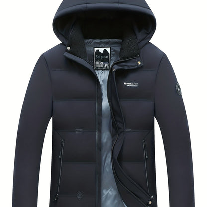 gbolsos  Men's Classic Design Padded Hooded Jacket, Men Casual Padded Coat Windbreaker Zipper Pocket Stand Collar For Men Winter