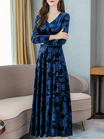 gbolsos  Floral Pattern Maxi Dress, Elegant V Neck Long Sleeve Dress, Women's Clothing