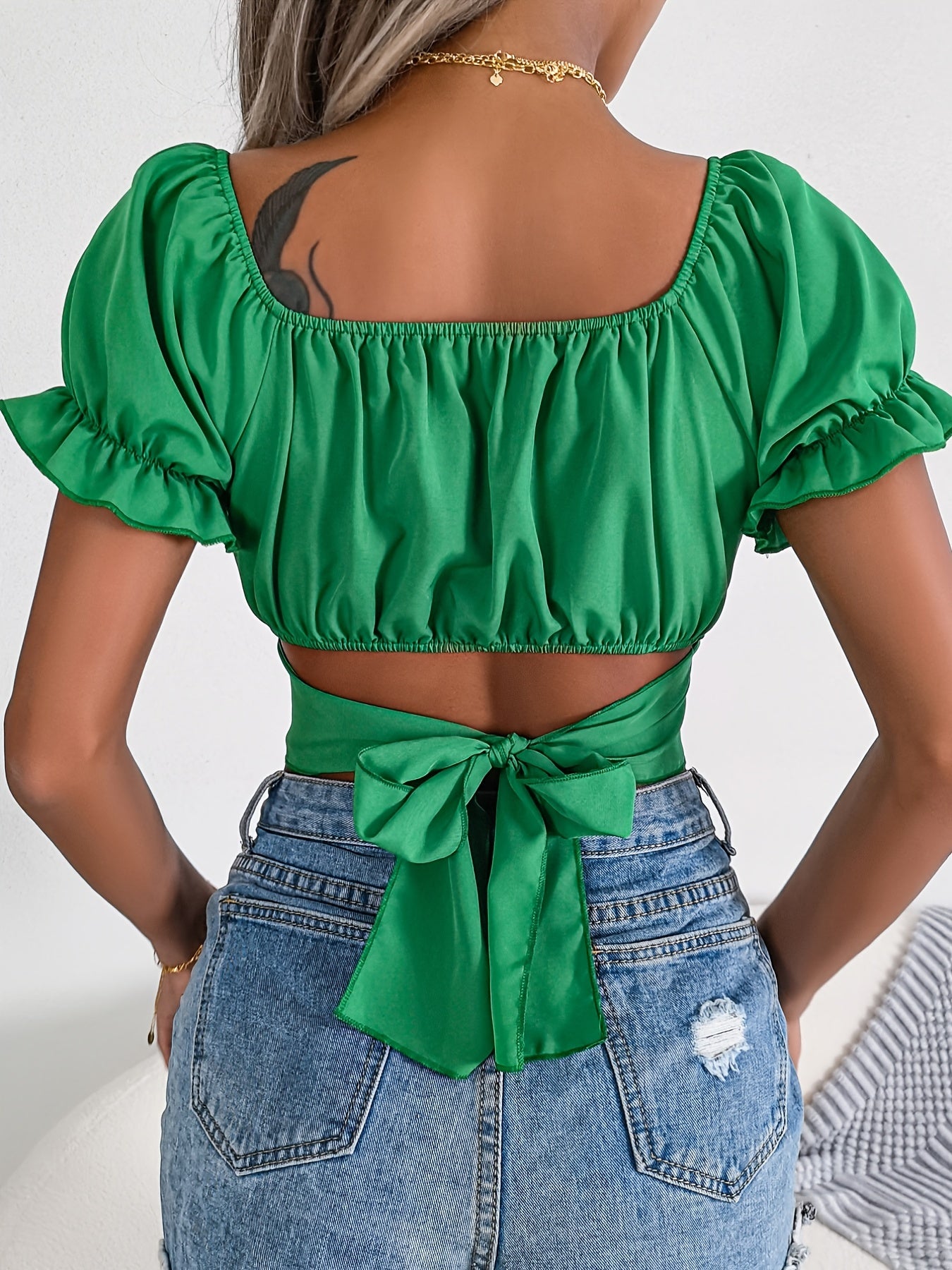 Crop Top Ruffled Sleeve Shirt, Casual Squared Neck Bodycon Chiffon Solid Stylish Shirt, Women's Clothing