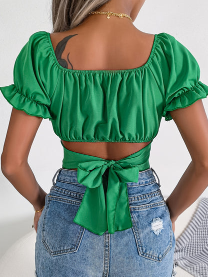 Crop Top Ruffled Sleeve Shirt, Casual Squared Neck Bodycon Chiffon Solid Stylish Shirt, Women's Clothing