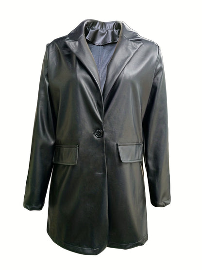 gbolsos  Faux Leather Button Front Jacket, Stylish Long Sleeve Lapel Jacket For Fall & Winter, Women's Clothing