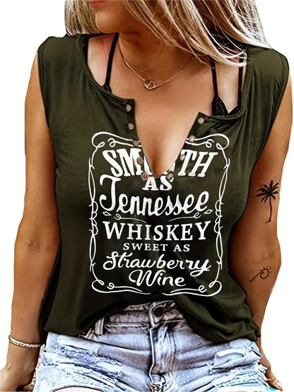 gbolsos  Whiskey Letter Print T-Shirt, Sleeveless Casual Every Day Top For Spring & Summer, Women's Clothing