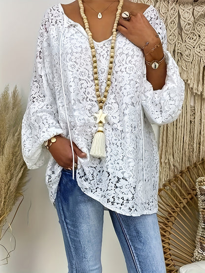 Solid Contrast Lace Blouse, Elegant Tie Front Long Sleeve Blouse, Women's Clothing