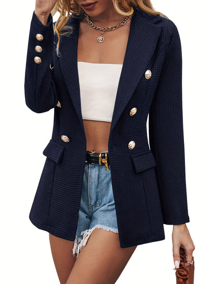 gbolsos  Lapel Double Breasted Blazer, Elegant Long Sleeve Work Office Outerwear With Pockets, Women's Clothing