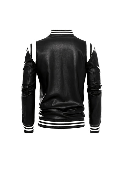gbolsos  Chic Color Block PU Jacket, Men's Casual Baseball Collar Faux Leather Biker Jacket